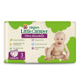 Happy Little camper Ultra-Absorbent Hypoallergenic Natural Disposable Baby Diapers, chlorine-Free Protection for Sensitive Skin, crawler, Size 3, 31 count
