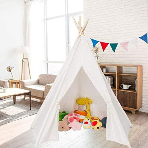 JOYMOR Teepee Tent for Kids, 6 Foldable cotton canvas Indoor Toddler Playhouse Tent with carry Bag, children Play Tent for girls & Boys