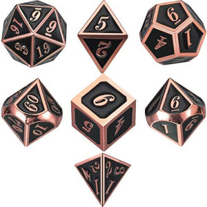 7 Die Metal Polyhedral Dice Set DND Role Playing game Dice Set with Storage Bag for RPg Dungeons and Dragons D&D Math Teaching (Shiny copper and Black)