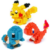 Nanoblock Building Blocks Pokemon Pikachu (130pcs), charmander (120pcs) & Squirtle (120pcs) gift Set Bundle - 3 Pack