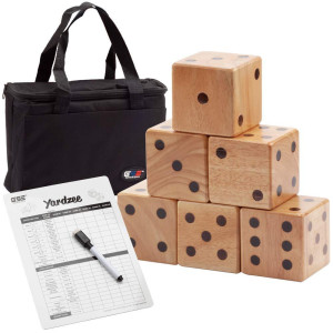 Gse 3.5-Inch Premium Oak Giant Yard Dice Set With Carrying Bag And Yardzee & Farkle Scorecard. Outdoor Backyard Lawn Game For Kids & Adults