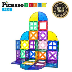 PicassoTiles 36 Piece Magnetic Building Block Quarter Round and Window Set Magnet construction Toy Educational Kit Engineering STEM Learning Playset child Brain Development Stacking Blocks Playboards