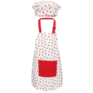 Apron for Kids Set with chef Hat, cute children Baking Aprons with Adjustable Neck Strap and Pockets for girls Boys cooking Baking Painting gardening in 2 Sizes (Red Strawberry, Small)