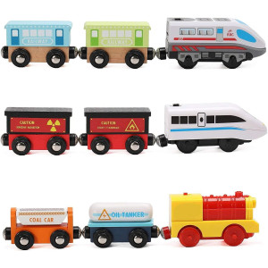 On Track USA Wooden Trains Set Motorized Action Trains, 9 Piece Battery Operated Engine Train Toy, 3 Motorized and 6 Wooden Trains, compatible to Wooden Tracks from All Major Brands