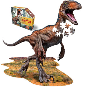 Madd capp RAPTOR 100 Piece Jigsaw Puzzle For Ages 6 And Up - 4016 - Unique Animal-Shaped Border, Poster Size when completed, Oversized Puzzle Pieces For Easy Handling, Includes Educational Fun Facts