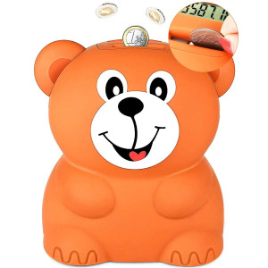 cute Kids Piggy Bank for girls Boys, Large Plastic Bear coin Bank with Automatic counting, Unbreakable Money Bank with Lock and Key, coin change Jar, Forming a good Habit of Saving - Large Brown