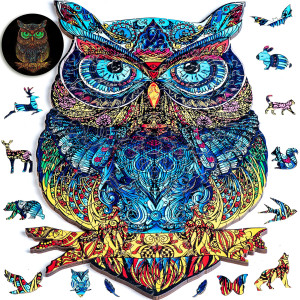 glowing Wooden Jigsaw Puzzles - Unique Beautiful Owl Animal Shape, Best gift for Adults, Family game Play collection 188 Pieces - Large 112x73x02 inchesA
