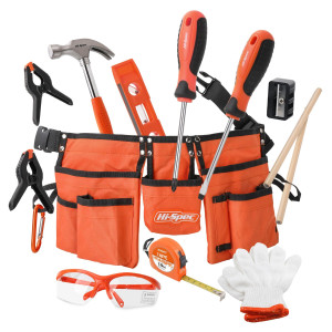 Hi-Spec 16pc Orange Kids Tool Kit Set & child Size Tool Belt Real Metal Hand Tools for DIY Building, Woodwork & construction Learning Tool Kit for Kids
