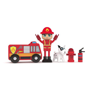 Jadore Firefighter Zac Natural Wooden Toy Playset, Red