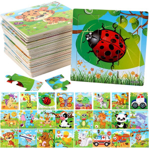 Yopay 24 Pack Wooden Puzzles For Kids,Mini Jigsaw Animal Puzzles Set For Kids Boys Girls, Early Preschool Educational Toys, 20 Animal Patterns + 4 Transportations