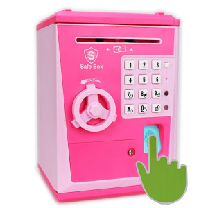 Kids Safe Box with Fingerprint code, Talking Piggy Bank, ATM Savings Bank for Real Money, great Toy gift for children(PinkPink)