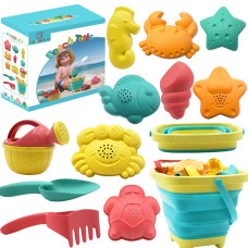 Beach Toys for Kids - Sand Toys Set Includes collapsible Sand Bucket Shovel and Sand Rake Toys for Beach 12 PcS, Sandbox Toys Sandcastle Building Kit with Waterproof Net (A)