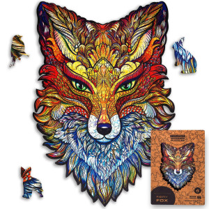 UNIDRAgON Wooden Jigsaw Puzzles - Fiery Fox, 107 pcs, Small 62x94, Beautiful gift Package, Unique Shape Best gift for Adults and Kids
