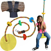 Jungle gym Kingdom Tree Swing for Kids - Single Disc Seat and Rainbow climbing Rope Set wcarabiner and 4 Foot Strap - Treehouse and Outdoor Playground Accessories - Yellow