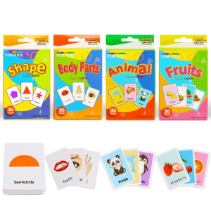 SULOLI Alphabet Flash cards Set of 4 Small Boxes for Toddlers, Flashcards Shapes Animals Fruits Body Fun Learning and Educational Kids cards(144 cards)