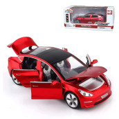 Diecast Toy car Model 3 car Model,Zinc Alloy Simulation casting Tesla car Model Pull Back Vehicles,1:32 Scale Mini Vehicles Toys with Lights and Music for Toddlers Kids children Birthday gift (Red)
