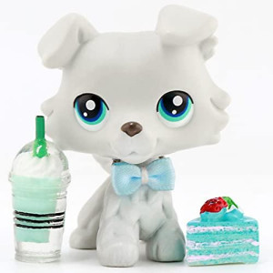 Junior Pet Shop lps collie 363, lps gray collie Blue Eyes with lps Accessories Bowtie cake Drink Kids gift