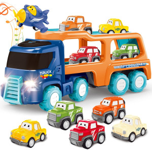 VEOJOY Toys for 1 2 3 4 Year Old Boy,7 in 1 cartoon Vehicles Playset carrier car Toy Truck Transport car with Lights and Melodys,Friction Power Push and go Toys car for Toddler Birthday gifts