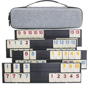 Rummy Tiles game, Rummy cube Travel game Set Outlasting color with 4 Anti-Skid Rack & convenient EVA Hard case