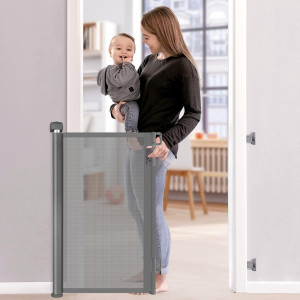 Retractable Baby gate, Baby gate for Stairs, Retractable Dog gate, Baby gate with Door 33 Tall, Extends to 55 Wide, Mesh Safety Pet gate for Staircases, Indoors, Outdoors and Hallways, grey