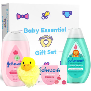 Johnsons Baby Essentials gift Set, 5 Piece Newborn Baby Essentials Set Includes Baby Shampoo, Head to Toe Wash, Powder, Baby Lotion, Baby Pink Poof, for Baby Shower, Baby Bath Time & Skin care