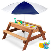 Best choice Products Kids 3-in-1 Sand Water Activity Table, Wood Outdoor convertible Picnic Table wUmbrella, 2 Play Boxes, Removable Top - Navy