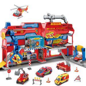 Kids Toys cars Playset for Boys, Toddler Toys for 3 4 5 6 Year Old Boys, Fire Truck Station garage Toys with Race Track, 5 Themed cars, Stickers, Lights and Sounds, christmas Birthday gifts for Boys