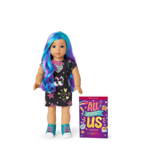 American girl Truly Me 18-Inch Doll 119 with Light-Blue Eyes, Wavy Blue-and-Purple Hair, Light-to-Medium Skin with Warm Undertones, Black Printed T-Shirt Dress
