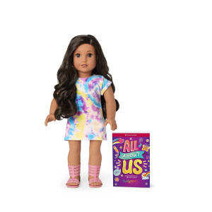 American girl Truly Me 18-Inch Doll 108 with Brown Eyes, curly Black-Brown Hair, Tan Skin with Warm Neutral Undertones, Tie Dye T-Shirt Dress