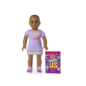 American girl Truly Me 18-Inch Doll 114 with Brown Eyes, Without Hair, Deep Skin with Neutral Undertones, Purple Printed T-Shirt Dress