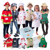 Born Toys 6-in-1 Kids costumes for Boys girls -Kids Dress Up Pretend Play for Police, Firefighter, Doctor, chef, gardener Explorer- Washable Toddler Dress up clothes for Kids 3-7 wStorage Box