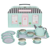 HearthSong 15-Piece Weekend in Paris-Themed Pretend-Play Tin Tea Set, Includes Teapot, 4 Plates, 4 cups, 4 Saucers, Serving Tray and carrying case
