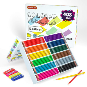 Shuttle Art Colored Pencils Bulk 408 Pack Coloring Pencil Set Plus 20 Sharpeners 12 Assorted Colors Classroom Pack School Sup