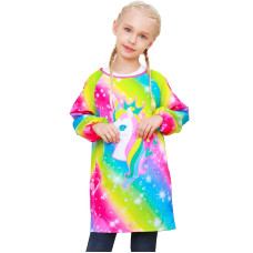 Pashop Kids Art Smocks Unicorn Waterproof Painting Apron Smock For Girls Boys Long Sleeve Knee Length Artist Smock With Pocket F