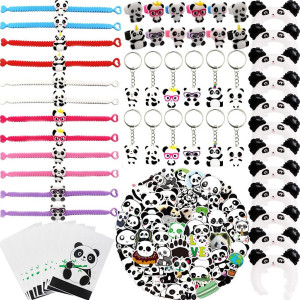 108Pcs Panda Party Supplies Favors Panda Keychains Rings Bracelets Panda Balloon Headbands Goodie Bags Stickers Toys Prizes Gift