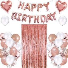 Rose Gold Birthday Party Decorations Set With Rose Gold Happy Birthday Balloon Banner Confetti And Latex Balloon Heart Foil Bal