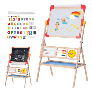 Woodenland Art Easel For Kids 360 Rotatable Doublesided Easel With Magnetic Whiteboard And Chalkboard Wooden Easel For 3 4 5