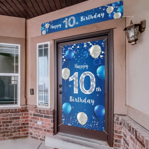 Happy 10Th Birthday Door Cover Porch Banner Sign Set 10 Years Old Birthday Decoraions Party Supplies For Men Blue