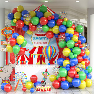 Carnival Circus Balloon Garland Arch Kit 129Pcs Primary Color Balloons Arch Kit With Red Blue Yellow Green Confetti Latex Ballo