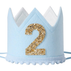 Syesql Baby Boys 2Nd Birthday Crown Blue Felt Hat Cake Smash Prop Birthday Hats For Kids Blue Half Birthday Crown Blue And