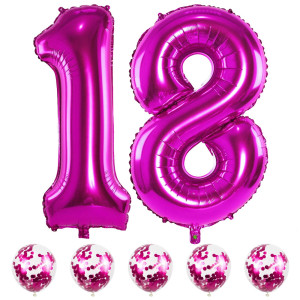 Hot Pink Number 18 Balloons And Confetti Balloons 40 Number 1 And 8 Mylar Foil Balloons Self Inflating 18Th 81St Birthday Ba