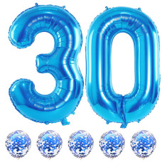 40 Inch Number 30 Foil Balloons Large Blue 30Th Birthday Digital Balloons With Blue Confetti Helium Balloons Number 0 And 3 He