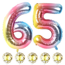 Rainbow Birthday Balloon Numbers 65 40 Inch Big Foil Mylar Number 5 And 6 Balloons With Gold Confetti Latex Helium Balloons Set