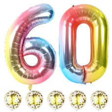 40 Inch Number 60 Foil Balloons Large Rainbow 60Th Birthday Digital Balloons With Gold Confetti Helium Balloons Number 0 And 6