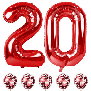 Red 20 Balloon Number 40 Inch 20Th Birthday Balloons With Confetti Helium Latex Balloons Jumbo Digital 0 And 2 Mylar Foil Ball