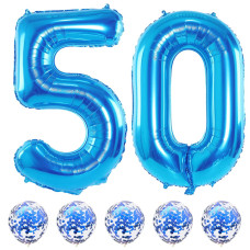 40 Inch Number 50 Foil Balloons Set Blue 50Th Birthday Balloons With Blue Confetti Balloons Giant Number 5 And 0 Helium Balloo