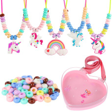 Flyingseeds Unicorn Jewelry Making Kit 5 Rubber Necklaces And Charms With 100 Big Holes Beads Toy Set Beading Arts And Crafts