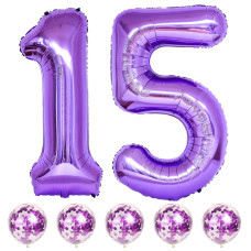 15Th Birthday Balloons For Girls 15 Inch Giant Purple Foil Number 15 Balloons With Purple Confetti Balloons Kit Digit 1 5 He