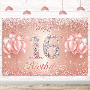 Happy 16Th Birthday Banner Backdrop 16 Birthday Party Decorations Supplies For Girls Or Boys Rose Gold 4 X 6Ft