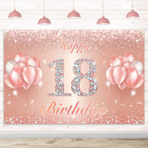 Happy 18Th Birthday Banner Backdrop 18 Birthday Party Decorations Supplies For Girls Or Boys Rose Gold 4 X 14Ft